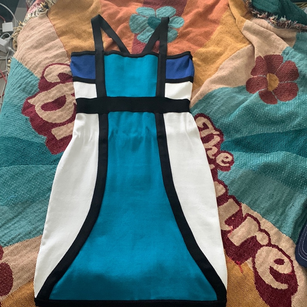 Bebe, size medium, black blue and white bandage dress